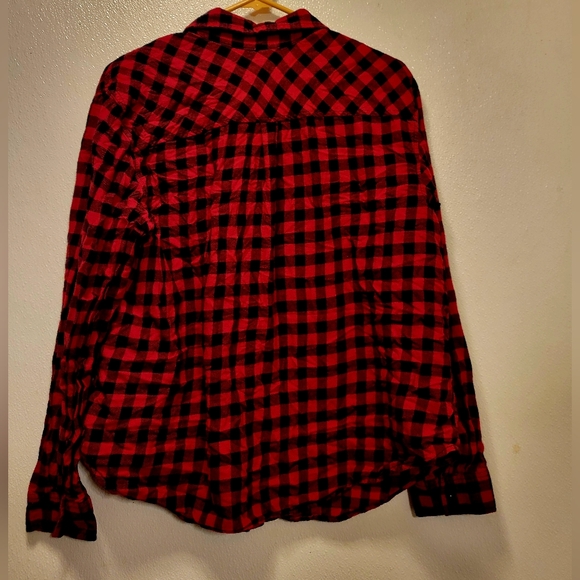 Faded Glory Red and Black Plaid  Embroidered Rose - Picture 4 of 5